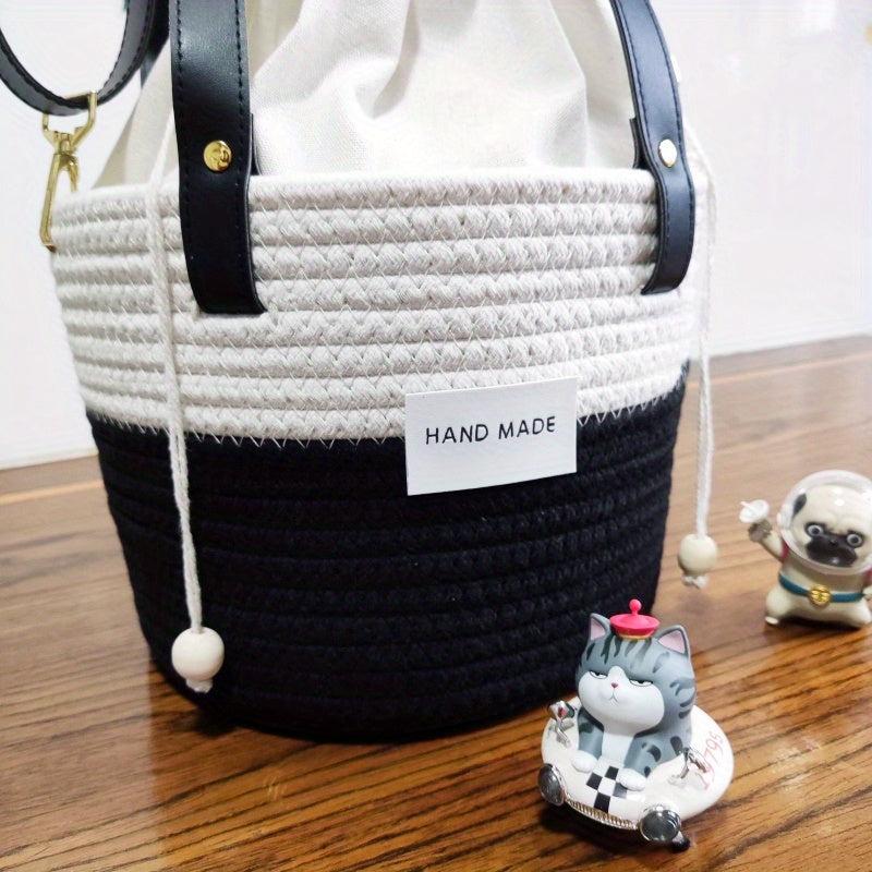 Colorblock Straw Bucket Bag Crossbody Drawstring Purse