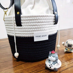 Colorblock Straw Bucket Bag Crossbody Drawstring Purse