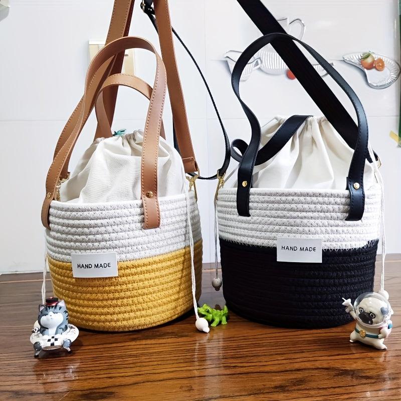 Colorblock Straw Bucket Bag Crossbody Drawstring Purse
