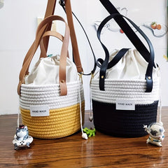 Colorblock Straw Bucket Bag Crossbody Drawstring Purse