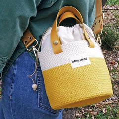 Colorblock Straw Bucket Bag Crossbody Drawstring Purse