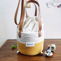 Colorblock Straw Bucket Bag Crossbody Drawstring Purse