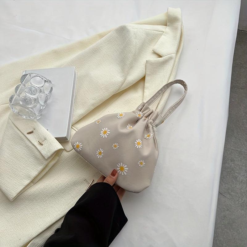 Daisy Embroidery Bucket Bag Canvas Handbag Women's Literary Drawstring Purse