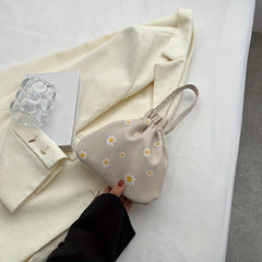 Daisy Embroidery Bucket Bag Canvas Handbag Women's Literary Drawstring Purse