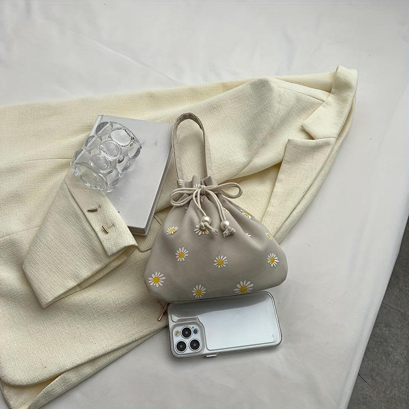 Daisy Embroidery Bucket Bag Canvas Handbag Women's Literary Drawstring Purse