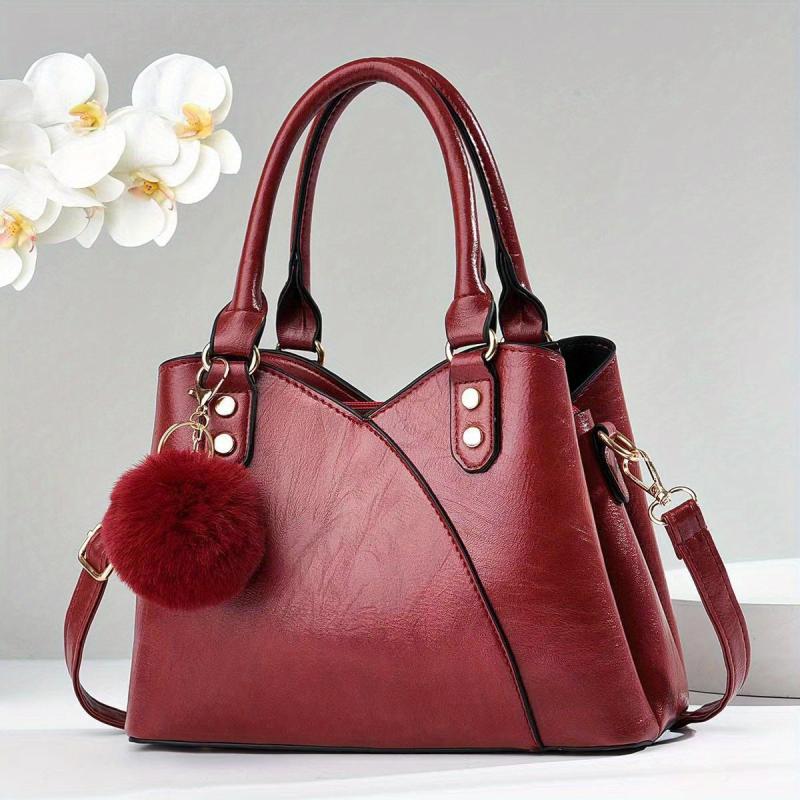 Women's Classic Crossbody Bag Satchel Purse with Plush Ball Pendant