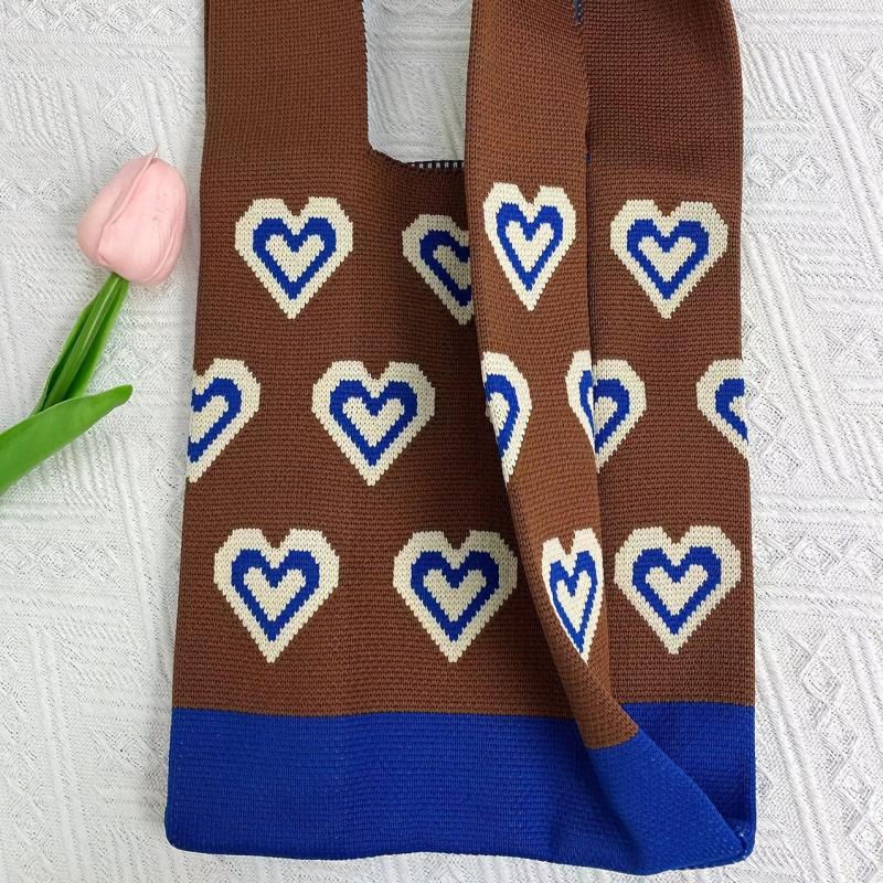 Heart Pattern Knitted Foldable Handbag Portable Top Handle Wrist Bag