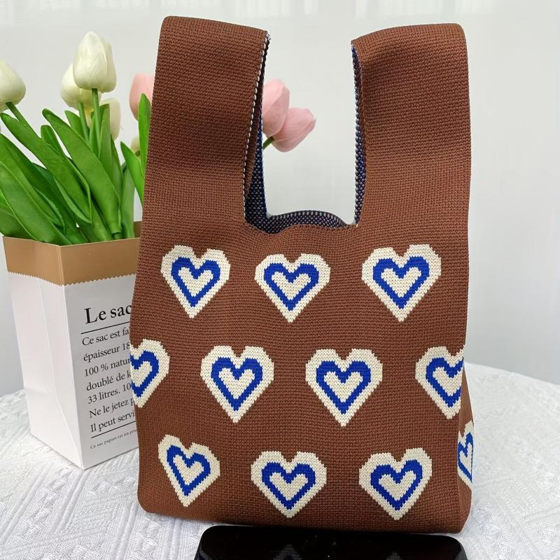 Heart Pattern Knitted Foldable Handbag Portable Top Handle Wrist Bag