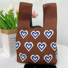 Heart Pattern Knitted Foldable Handbag Portable Top Handle Wrist Bag
