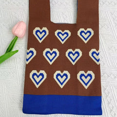 Heart Pattern Knitted Foldable Handbag Portable Top Handle Wrist Bag