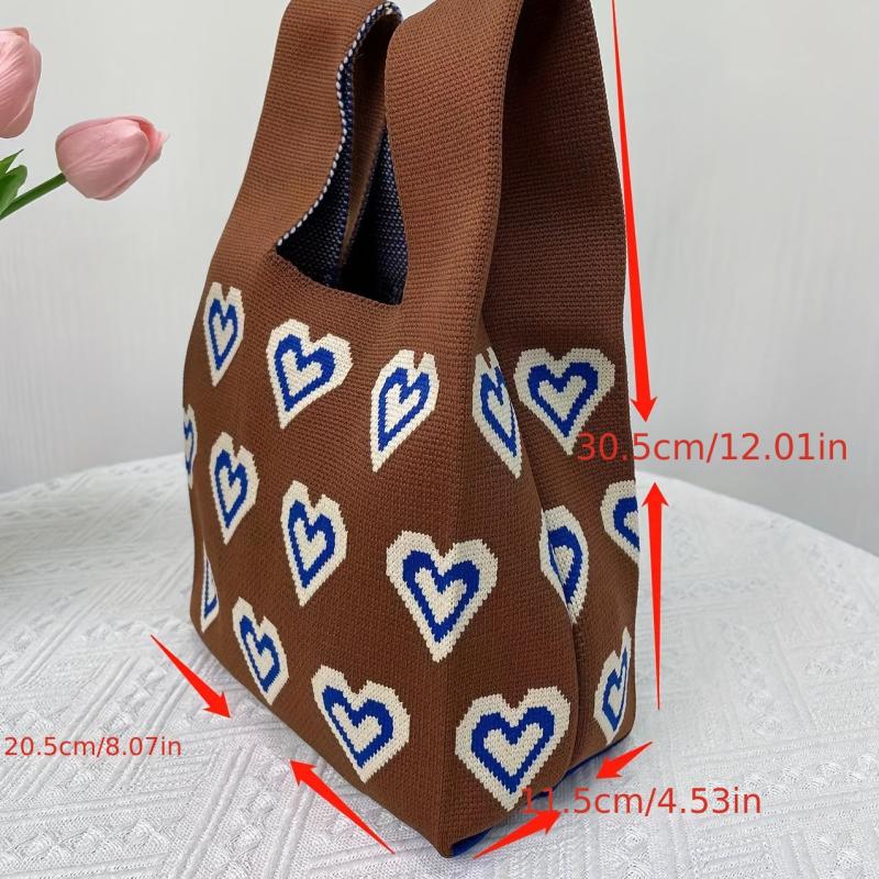 Heart Pattern Knitted Foldable Handbag Portable Top Handle Wrist Bag
