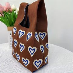Heart Pattern Knitted Foldable Handbag Portable Top Handle Wrist Bag