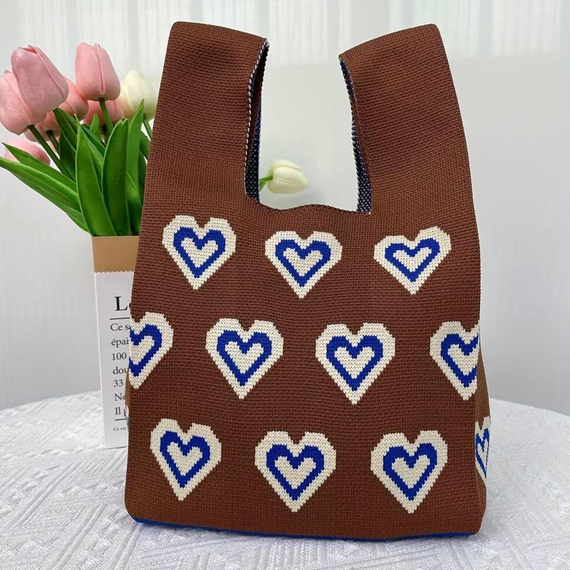 Heart Pattern Knitted Foldable Handbag Portable Top Handle Wrist Bag