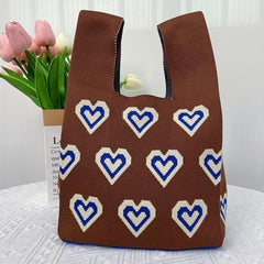 Heart Pattern Knitted Foldable Handbag Portable Top Handle Wrist Bag