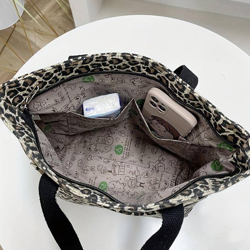 Leopard Pattern Canvas Tote Bag Large Capacity Shoulder Bag Lightweight