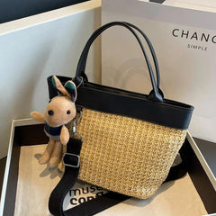 Rabbit Pendant Straw Woven Handheld Crossbody Bag
