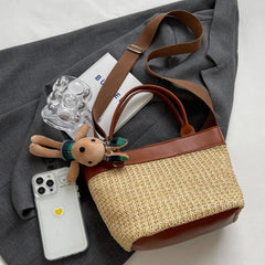 Rabbit Pendant Straw Woven Handheld Crossbody Bag
