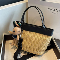 Rabbit Pendant Straw Woven Handheld Crossbody Bag