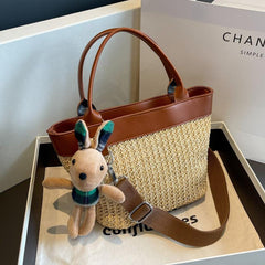 Rabbit Pendant Straw Woven Handheld Crossbody Bag