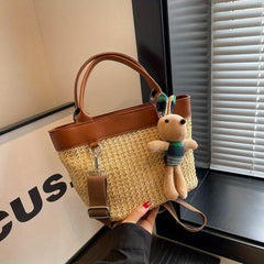 Rabbit Pendant Straw Woven Handheld Crossbody Bag