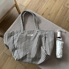 Striped Linen Tote Bag Large Capacity Shoulder Bag