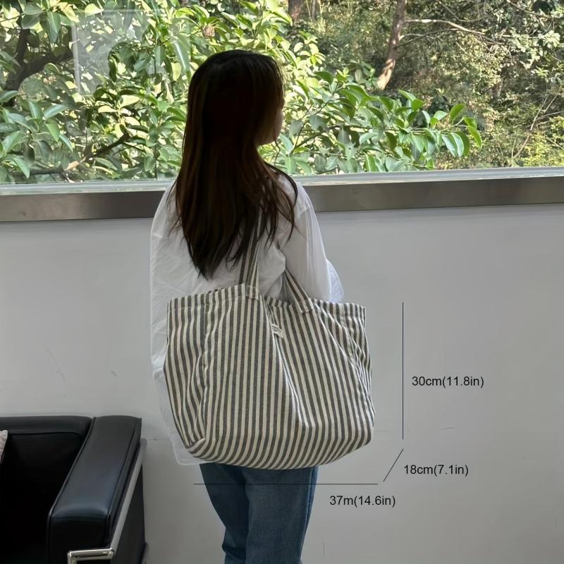 Striped Linen Tote Bag Large Capacity Shoulder Bag