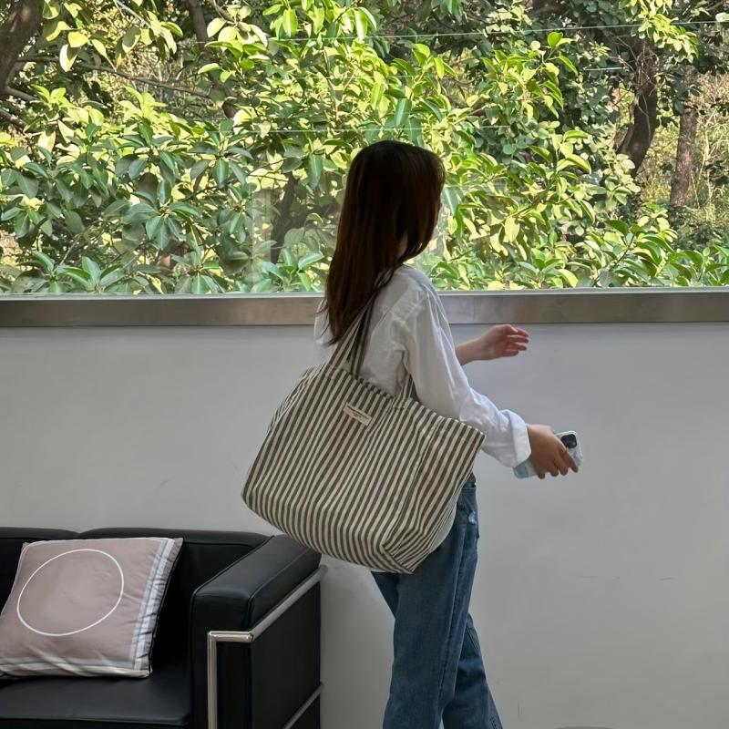 Striped Linen Tote Bag Large Capacity Shoulder Bag