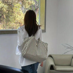 Striped Linen Tote Bag Large Capacity Shoulder Bag
