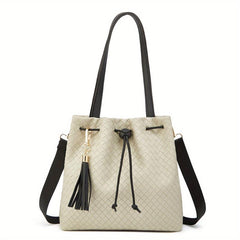 Stylish Solid Woven Handbag PU Leather Shoulder Bag With Tassel Pendant