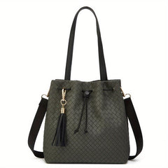 Stylish Solid Woven Handbag PU Leather Shoulder Bag With Tassel Pendant