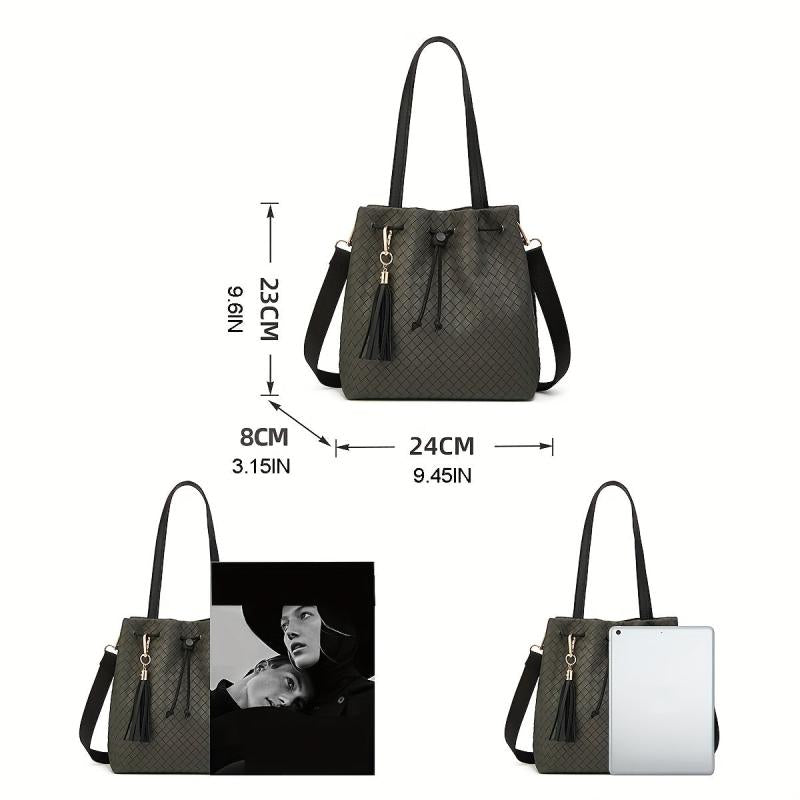 Stylish Solid Woven Handbag PU Leather Shoulder Bag With Tassel Pendant