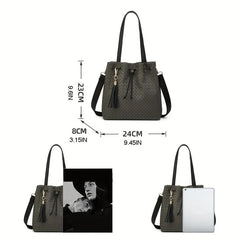 Stylish Solid Woven Handbag PU Leather Shoulder Bag With Tassel Pendant