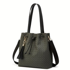 Stylish Solid Woven Handbag PU Leather Shoulder Bag With Tassel Pendant