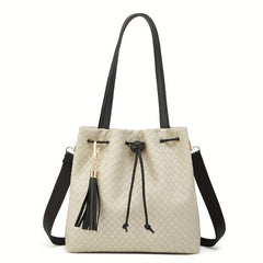 Stylish Solid Woven Handbag PU Leather Shoulder Bag With Tassel Pendant