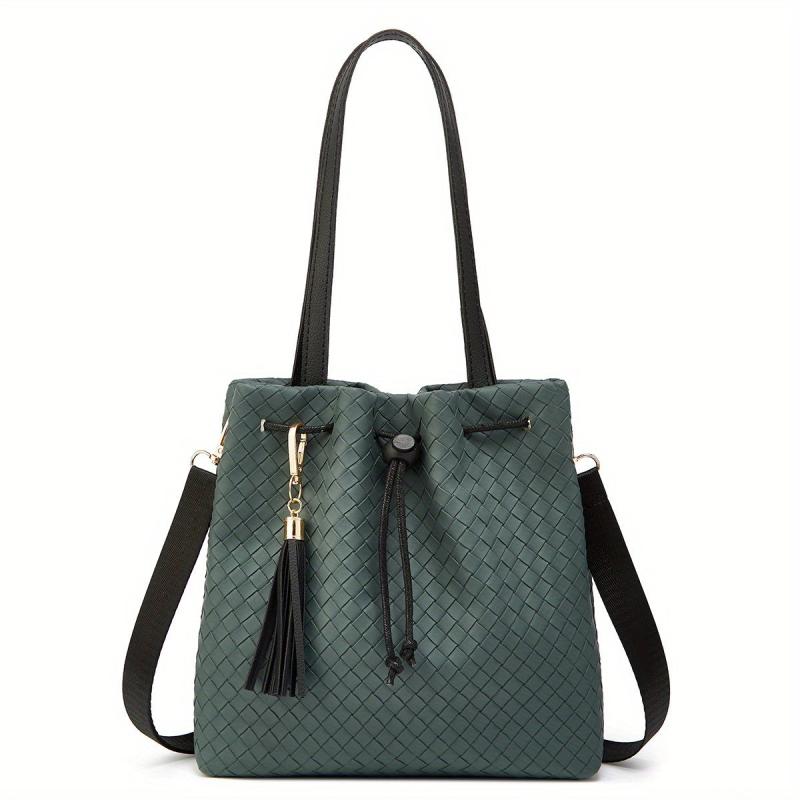 Stylish Solid Woven Handbag PU Leather Shoulder Bag With Tassel Pendant
