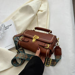Vintage Buckle Box Bag Women's Flap Handbag with Shoulder Strap