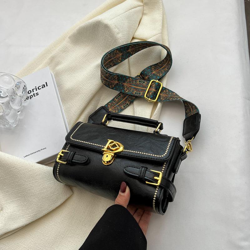 Vintage Buckle Box Bag Women's Flap Handbag with Shoulder Strap