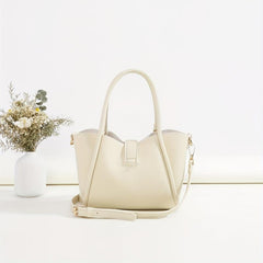 Beige Double Handle Handbag Turn Lock Shoulder Bag