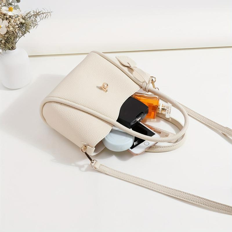 Beige Double Handle Handbag Turn Lock Shoulder Bag
