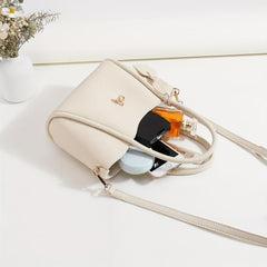 Beige Double Handle Handbag Turn Lock Shoulder Bag