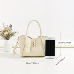 Beige Double Handle Handbag Turn Lock Shoulder Bag