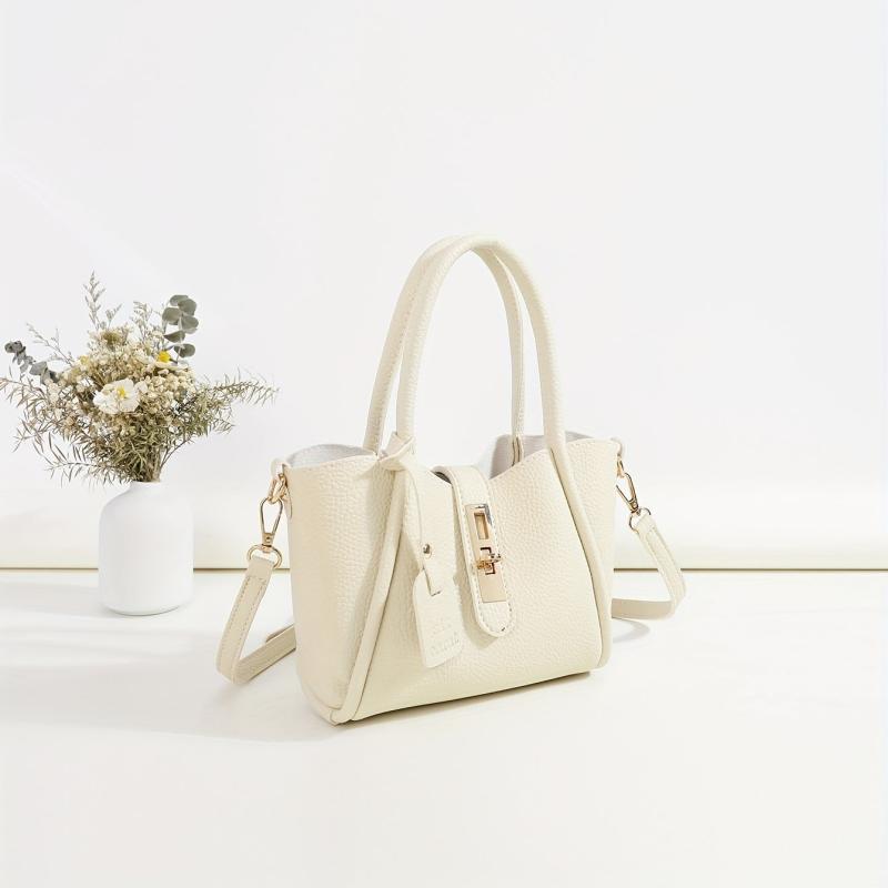 Beige Double Handle Handbag Turn Lock Shoulder Bag