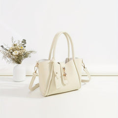 Beige Double Handle Handbag Turn Lock Shoulder Bag