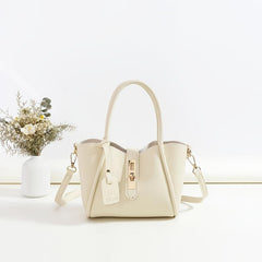 Beige Double Handle Handbag Turn Lock Shoulder Bag