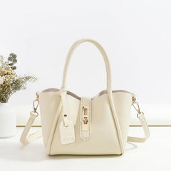 Beige Double Handle Handbag Turn Lock Shoulder Bag