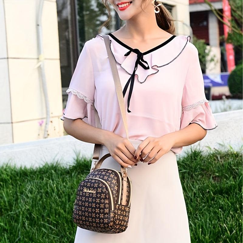 Print Zip Mini Shoulder Bag PU Leather Top Handle Handbag