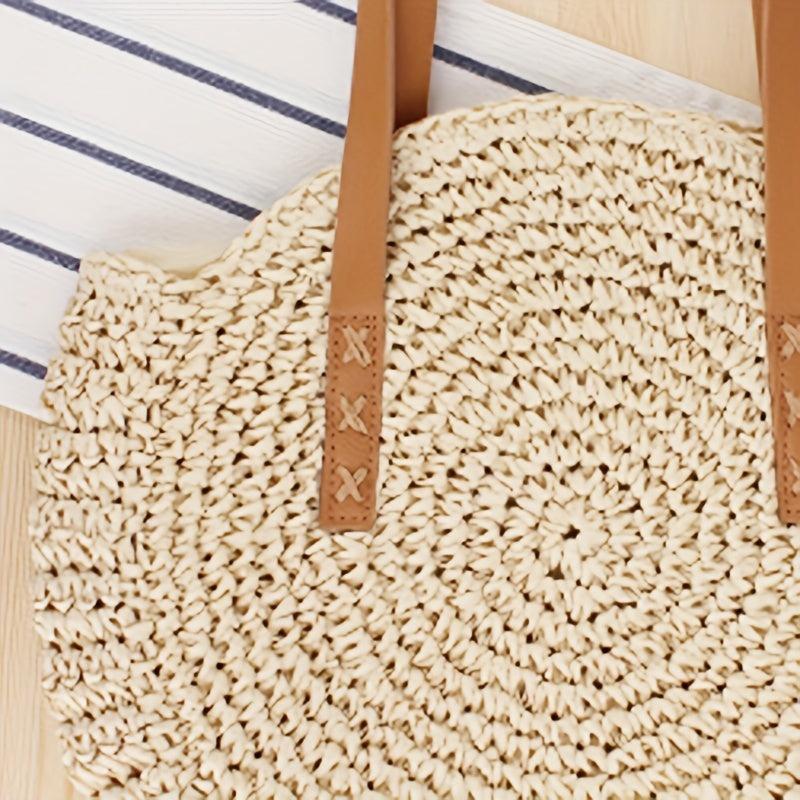 Straw Woven Round Shoulder Bag Large Capacity for Travel & Vacation