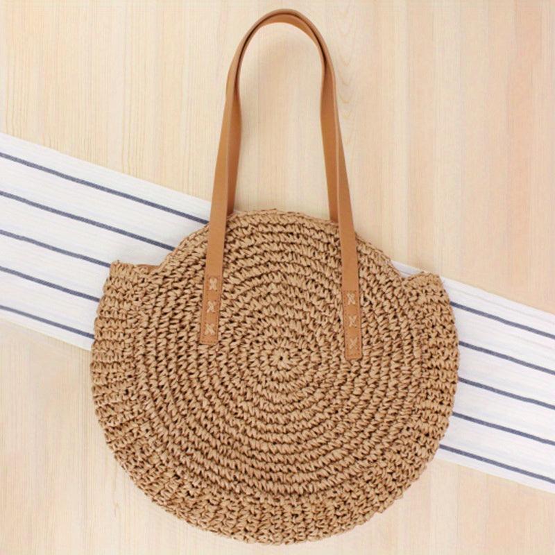 Straw Woven Round Shoulder Bag Large Capacity for Travel & Vacation