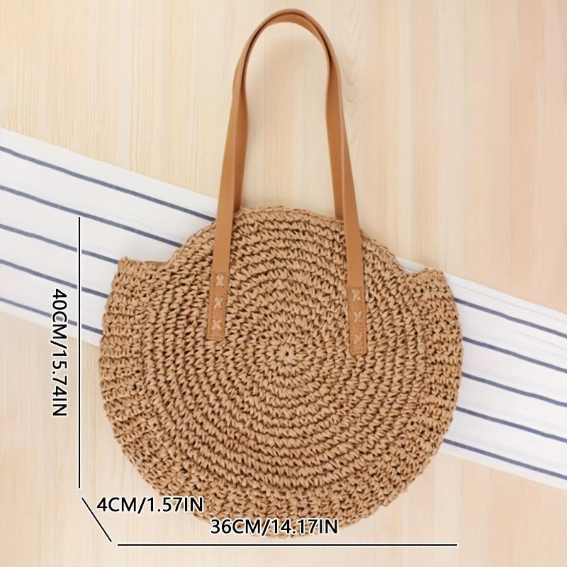 Straw Woven Round Shoulder Bag Large Capacity for Travel & Vacation