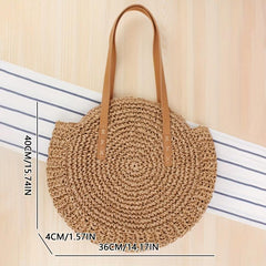 Straw Woven Round Shoulder Bag Large Capacity for Travel & Vacation